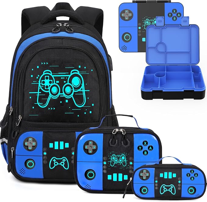 Backpack for School Boys, Cool Luminous Gamer Boys Schoolbag | with Lunch Box & Pencil Case Set for Kids Teens Elementary Middle School, Bookbag Glow In The Dark