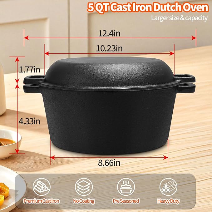 5 Qt Cast Iron Dutch Oven for Sourdough Bread Baking, Sourdough Dutch Oven | 2-in-1 lid doubles as a skillet; complete baking tools included for bread, stewing, searing, frying and outdoor cooking