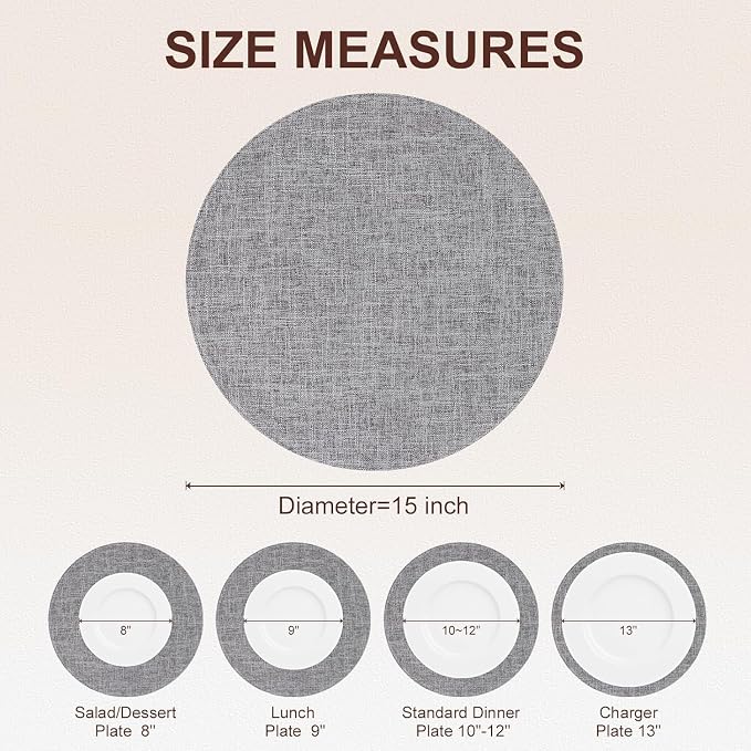 Cotton Linen 15 Inch Round Cloth Place mats, Set of 4, Dark Grey | Washable Table Mats, Heat Resistant, Reversible, Wipeable Place Mats for Indoor Outdoor