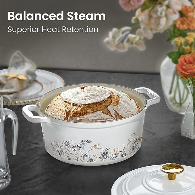CAROTE Cast Iron Dutch Oven Pot with Lid, 5QT Enameled Floral Dutch Ovens with Gift Box, Cast Iron Pot for Sourdough Bread Baking, Braising, Stews, Roasting, All Stovetop Compatible, Oven Safe, White