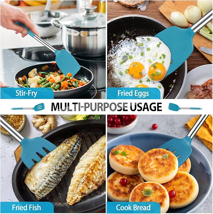 Large Silicone Cooking Spatulas and Spoons, BPA Free, 4 Pack (Blue) | Slotted & Solid Stainless Steel Cooking Utensils Set, Non-stick Heat Resistant Kitchen for Baking, Fried, Stir-Fry, Serving