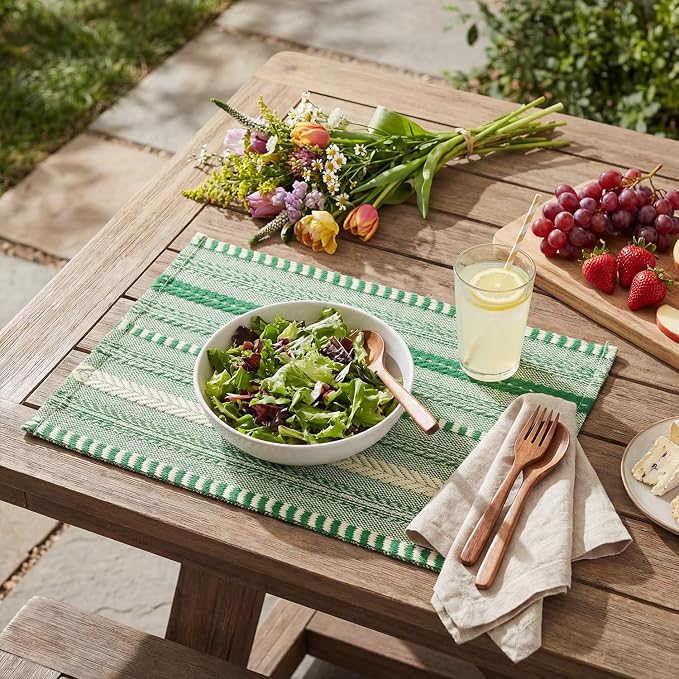 Artoid Mode Emerald Farmhouse Woven Braided Stripe Placemats Set of 4,12x18 Inch Seasonal Holiday Table Mats Party Kitchen Dining Decoration