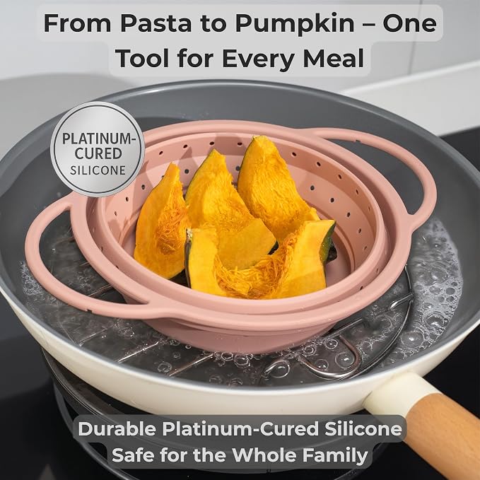 SelectShen™ Collapsible Silicone Colander Set, Stainless Steel Rim (3 Pk) | Heat-resistant, dishwasher-safe platinum silicone strainers. Sturdy stainless steel rim. BPA-free, space-saving, set of 3
