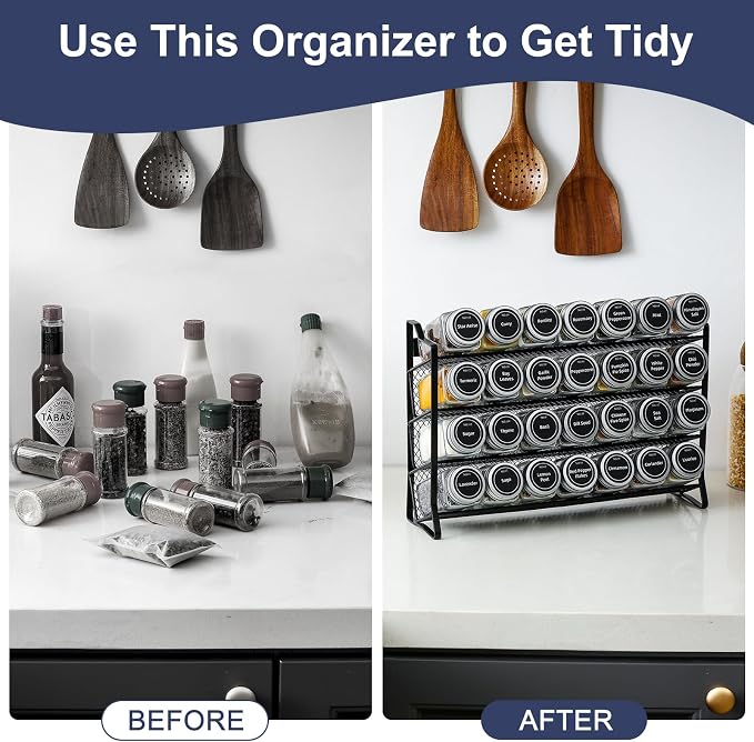 AOZITA Spice Rack Organizer with 28 Empty Spice Jars with Silver Lids, Funnel, Labels - Seasoning Organizer for Countertop, Cabinet, Kitchen, Pantry