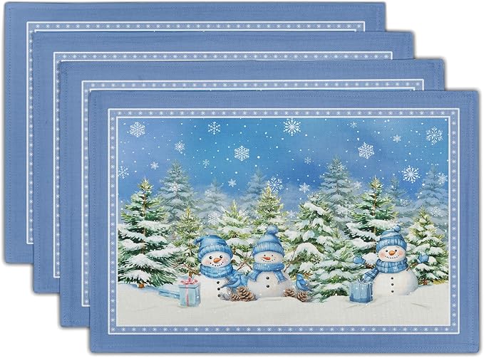 Winter Snowman Placemats Set of 4 - Watercolor Blue Decorative Snowflakes Green Pine Tree Table Mats 12 x 18 Inch Washable Heat Resistant Place Mat for Outdoor Kitchen Dining Decor