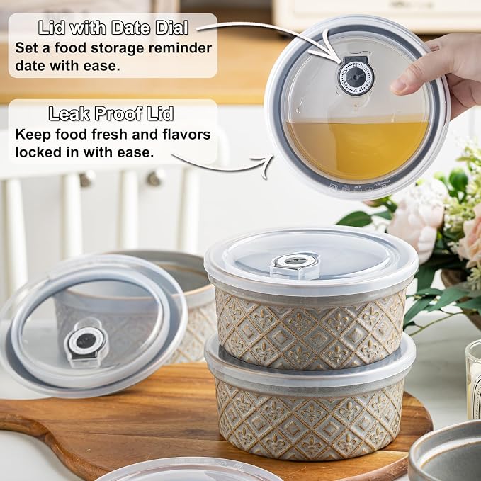 Large Ceramic Mixing Bowls with Lids Set of 4, 40 oz Salad Bowls for Kitchen Food Storage, Airtight Serving Bowls for Meal Prep, Cereal, Leftovers, Office Lunch, and Camping, Grey