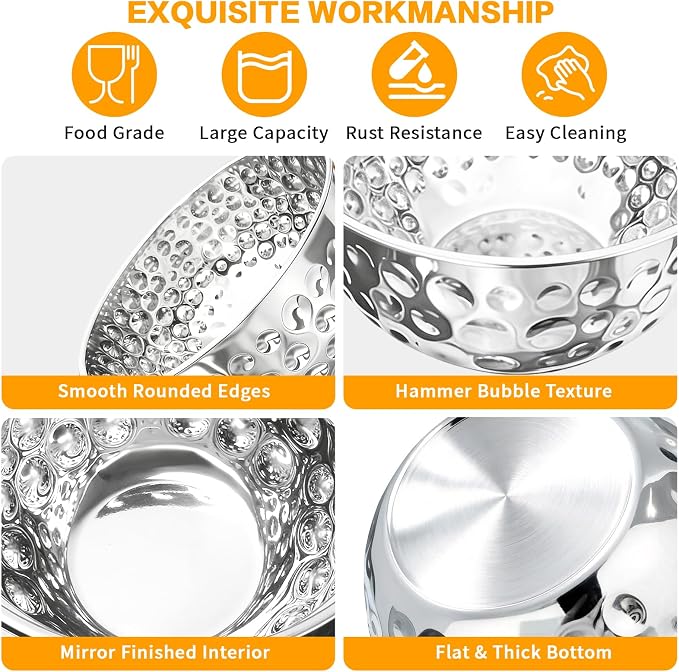 5-Piece Stainless Steel Mixing Bowls Set | 4.9/4.2/3.2/2.1/1.6QT, Hammered Design, Food-grade, for Kitchen Meal Prep, Baking, Movie Night, Party