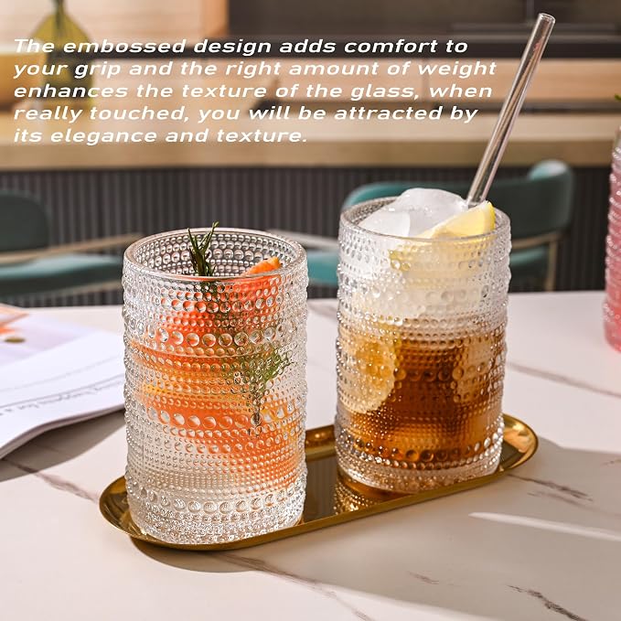KMIGRUAN Hobnail Drinking Glasses with Straws 15oz Vintage Glassware Set of 6 Embossed Vintage Water Cups, Highball Glasses for Cocktail,Whiskey,Beer and Juic