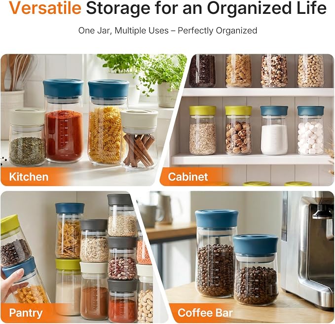Airtight Glass Jar with Rotary Lid for Kitchen, Counter, Pantry, 27 fl oz | Wide Mouth, Easy Open/Clean, Clear Borosilicate Food Jar with Scale, Lock Freshness for Coffee, Oats, Pasta, Cookies, Cereal