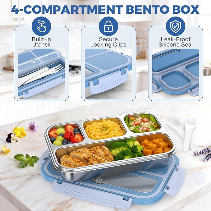 Stainless Steel Bento Box Adult Kids, Leakproof Metal Lunch Box Containers 4 Compartments, 32 Oz Reusable Food Storage Containers for Office and School, Blue