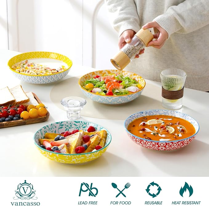 vancasso 8.5" Pasta Bowls Set of 6, 40 oz Porcelain Shallow Salad Bowls, Serving Bowls Large Kitchen Bowl Plates Pasta Dishes Plates, Colorful Floral Design, Microwave Safe, Series SELENE