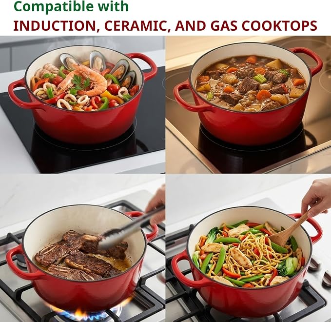 10 Quart Dutch Oven Approx, 9.5 qt Enameled Cast Iron Dutch Oven Pot & Lid | Nonstick Large Bread Oven For Sourdough, Red Iron Pots For Cooking, Baking, Braising, Roasting & Slow Cooking