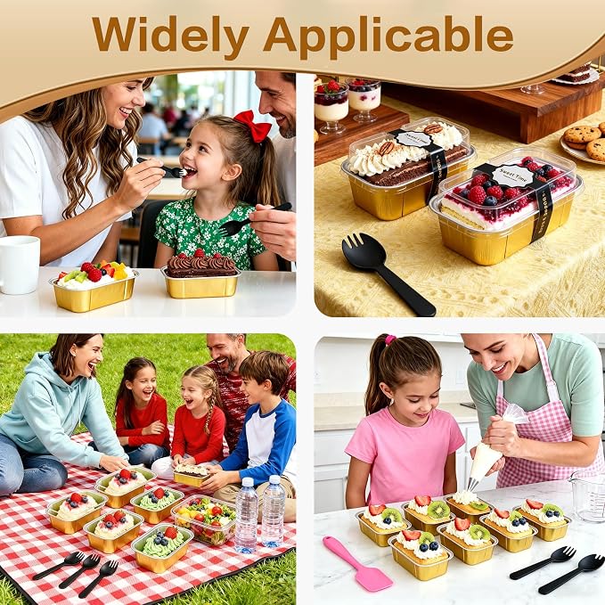 mini loaf pans with lids and spoons 50 Pack,5.5 oz Rectangle mini individual cake tins Disposable Small Aluminum Foil Baking pans(50, Gold)