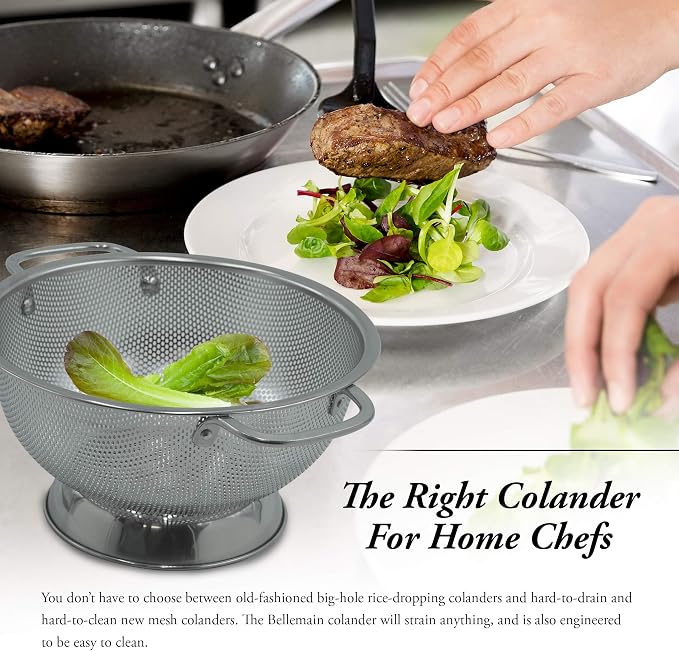 Bellemain Stainless Steel Colander for Kitchen, 3 Qt Pasta & Rice Strainer | Durable Highest Grade Premium Steel, Dishwasher Safe and Odor resistant Food Strainer, Lightweight Looped Handles