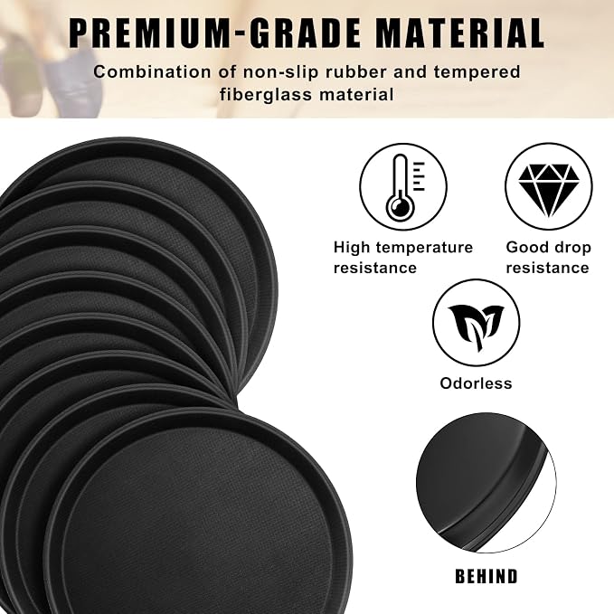 Zopeal 8 Pcs Bar Service Tray Round Plastic Non Slip,11", 16" | For Waiter Server in Restaurant Cafeteria Bar, Raised Edges Prevent Spills, Cocktail Food Server, Textured Surface Grip