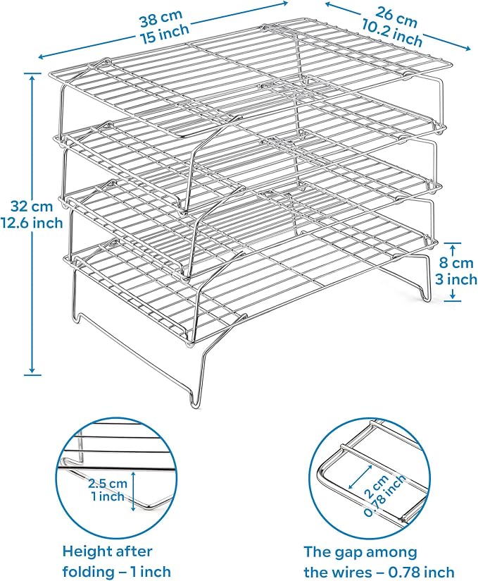 Leonyo 4-Tier 15x10IN Cookie Cooling Rack for Cooking Stackable Collapsible | Stainless Steel Cookie Cooling Racks For Cooking Baking, Wire Cookies Rack for Drying Pizza with Raised Legs, Dishwasher Safe