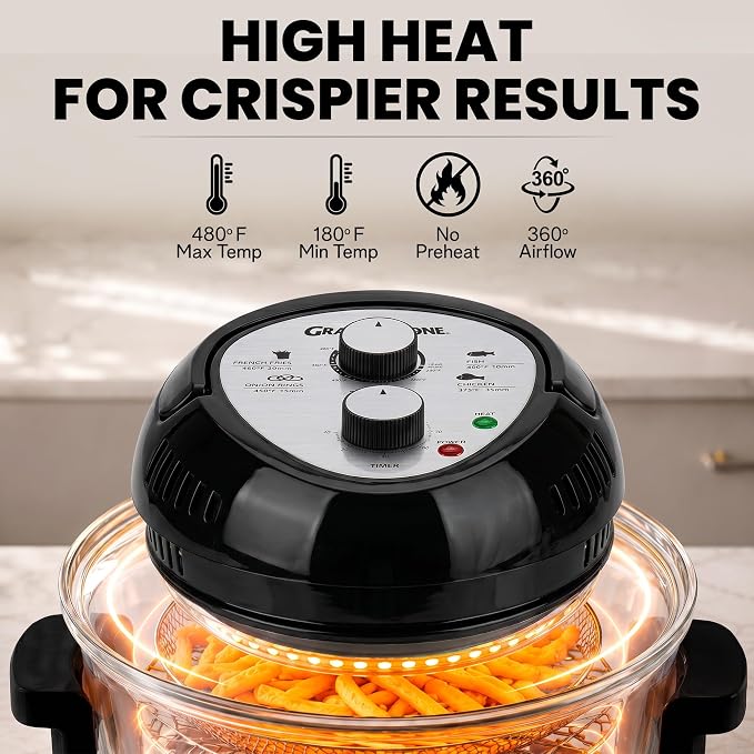Granitestone 16 Qt Large Glass Air Fryer Non Toxic, Black | PFOA/PTFE/BPA Free, Large Family Sized Airfryer Cooker with 3 Cooking Sections, No Preheat, Self Cleaning, Dishwasher Safe