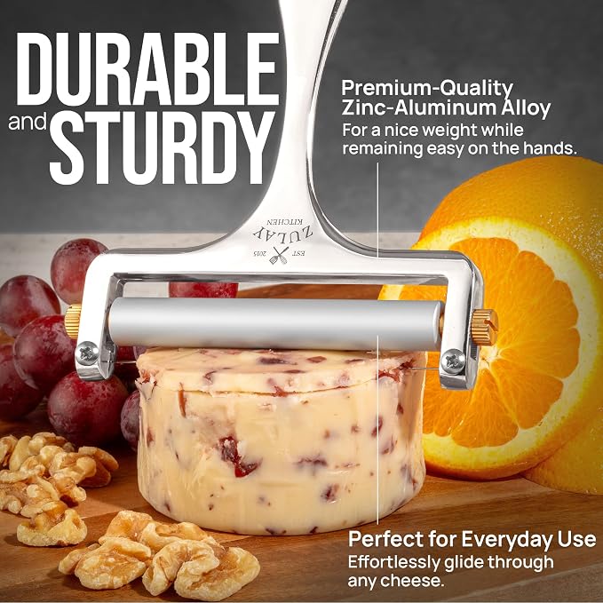Zulay Kitchen Stainless Steel Wire Cheese Slicer - Adjustable Hand Held Cheese Cutter with 2 Extra Wires - Premium Cheese Knife for Mozzarella, Cheddar, Gruyere - Cheese Cutter with Wire (Silver)