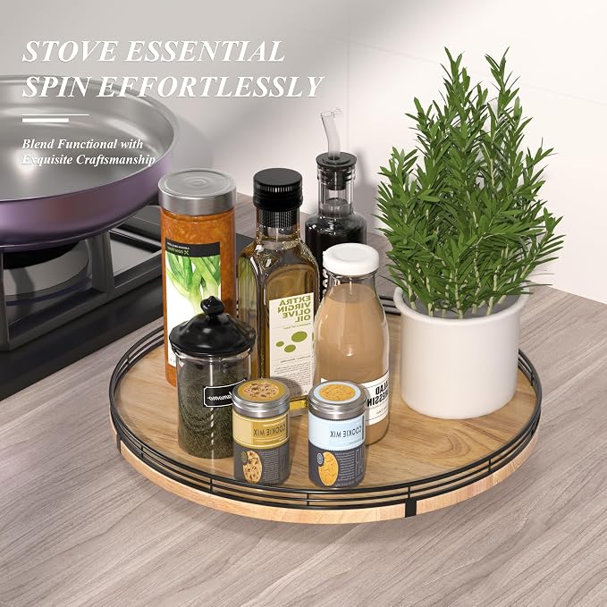 AMH 16-Inch Farmhouse Oak Lazy Susan Organizer for Table and Cabinet | Smooth rotating oak tray with walnut finish for dining tables, kitchen counters, pantries and cabinet storage.