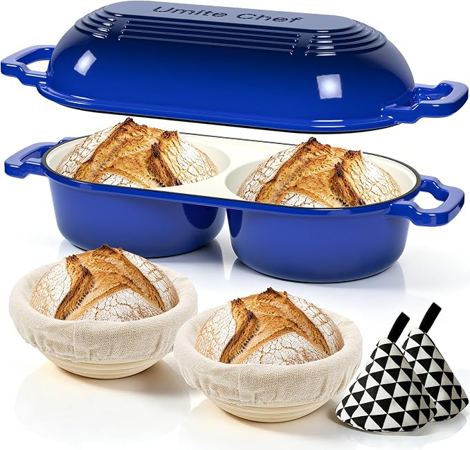 Umite Chef Mini Double Dutch Oven for Sourdough Bread Baking - Enameled Cast Iron Dutch Oven Pot with Lid and 5" Banneton Bread Proofing Basket Kit, Dual Round Bread Loaf Pan for Bread Baking (Blue)