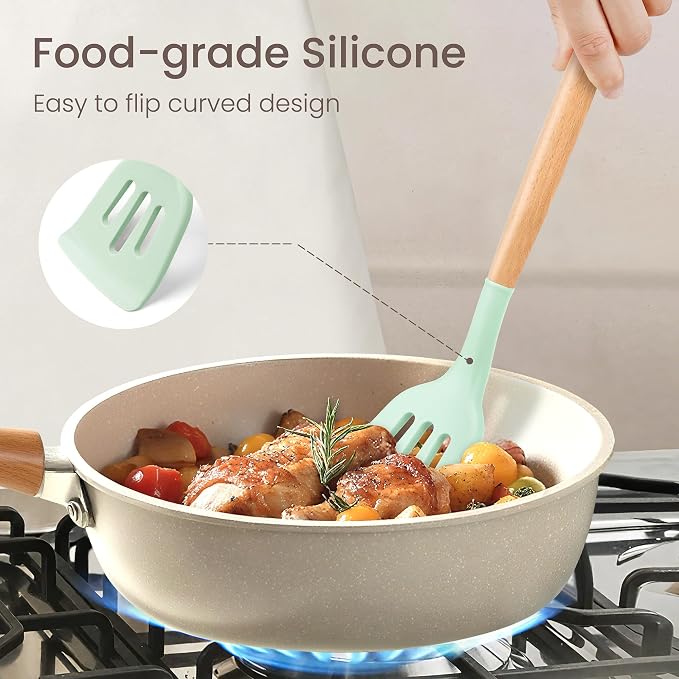 NCUE 6-Pcs Silicone Kitchen Utensils Set Wood Handle BPA-Free Food Grade (Light Green, 26 Piece)