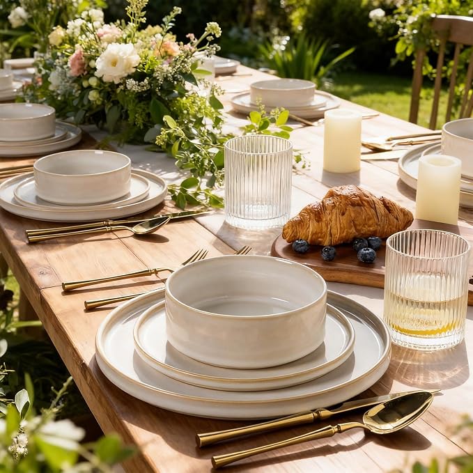 AmorArc Ceramic Dinnerware Sets for 8,24 Piece Plates and Bowls Sets Dishes | Stoneware Handmade Reactive Glaze Dishes Set | Highly Chip and Crack Resistant | Dishwasher & Microwave Safe