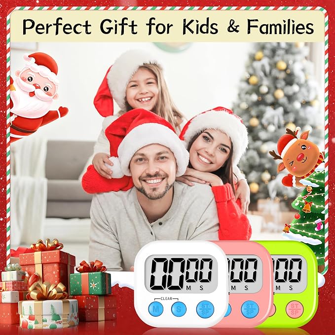 ZILLEEN Digital Kitchen Classroom Timers for Kids Cooking 12pcs Wht Grn Pk | Strong Magnetic, Large Screen, Big Button, Count Up/Down, Loud Alarm, Teacher Classroom Must Haves Supplies