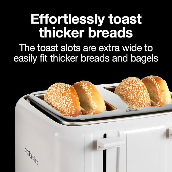 Proctor Silex 4 Slice Toaster with Extra Wide Slots For Bagels | Browning Control With 7 Shades | Auto Shutoff | Toast Boost | Slide-Out Crumb Tray | Cancel Button | White | 24214PS