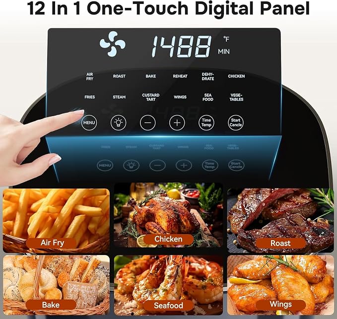 Simple Deluxe 12-in-1 Air Fryer 6.34 Qt, Digital Preset Airfryer with Visible Window, Nonstick and Dishwasher-Safe Basket, Air Fry, Roast, Bake, Dehydrate, Fries, 1700W, Black