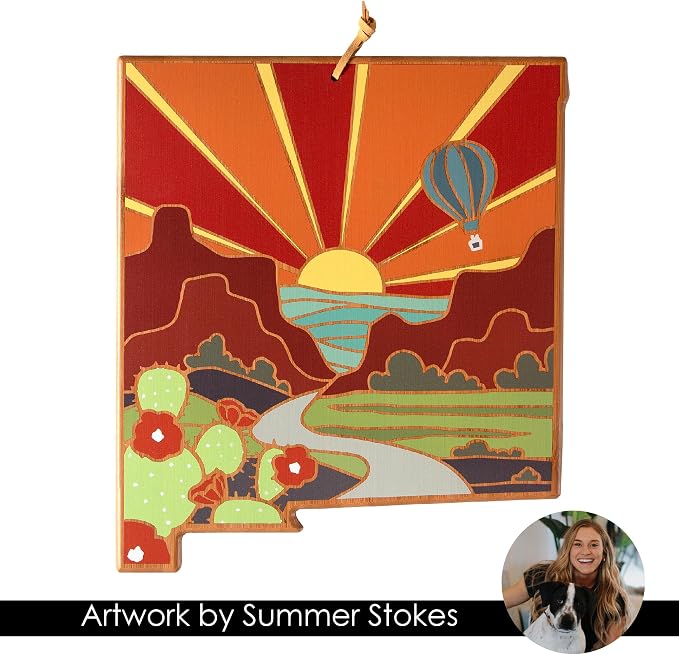 Totally Bamboo New Mexico State Shaped Cutting Board, Summer Stokes Art | State charcuterie board with colorful hand-drawn landscape art. Smooth reverse side for food prep. Hang tie for wall display.