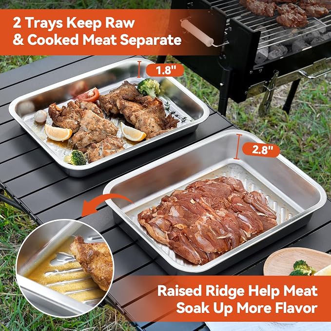 5-in-1 Grill Food Prep BBQ Meat Tray Container and Carry System Accessories | Outdoor Grilling Storage Serving Tray Platter, Stainless Steel Metal Large Meat Marinating Container with Lid Cutting Board