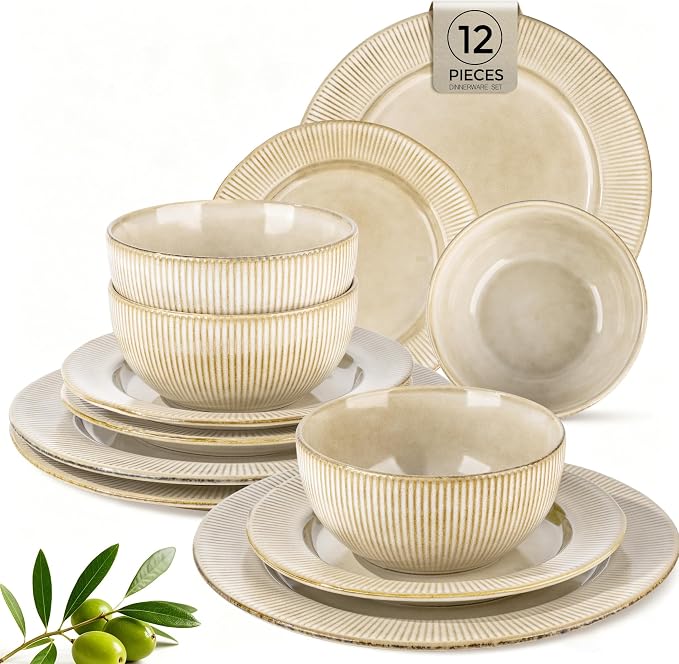 GBHOME Ceramic Dinnerware Sets of 4,12 pcs Plates and Bowls Sets Dishes | Embossed Elegant Stoneware Dishes Set | Dishwasher & Microwave Safe | Service for 4