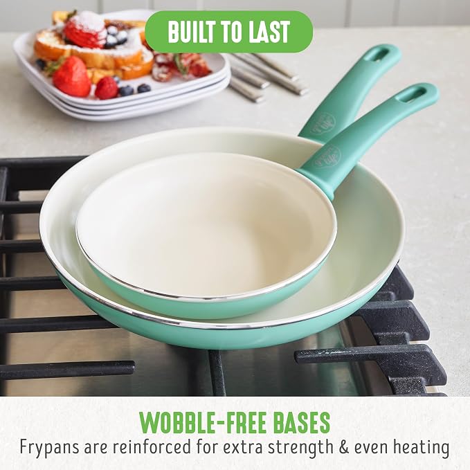 GreenLife 2 Piece (7” & 10”) Ceramic Nonstick Frying Pan Set, Turquoise | PFAS-Free Nonstick Coating, Family Skillet Set, Egg Pan, Omelet Pan, Stay-Cool Handles, Dishwasher & Oven Safe up to 350F