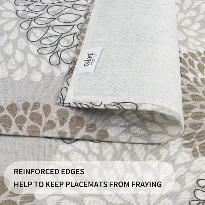 QIYI Boho Table Placemats Set of 4, 12"x18" Linen Place Mats, Brown Bloom | Fabric Place Mats for Kitchen Dinning, Farmhouse Rustic Cloth Table Mats, Washable Placemat Party Table Décor