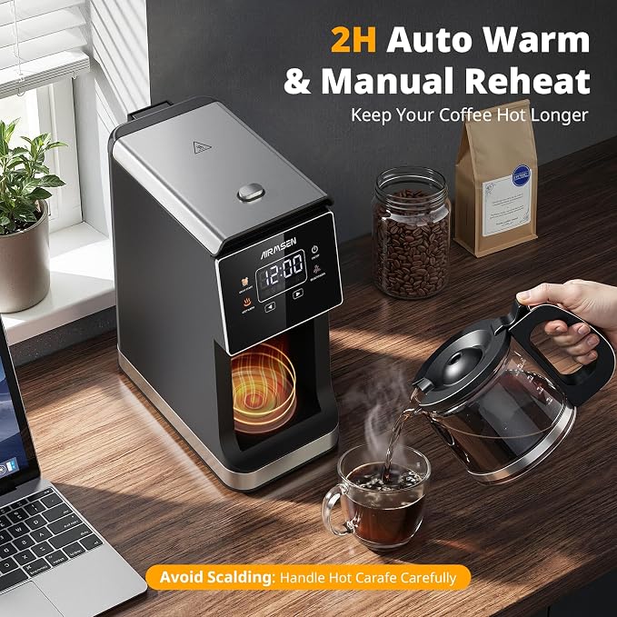 AIRMSEN Grind & Brew Coffee Maker with Built-In Grinder 5-Cup | Drip Coffee Machine with 24H Programmable Timer, 3 Grind Settings, Fresh Ground Coffee Maker for Home & Office