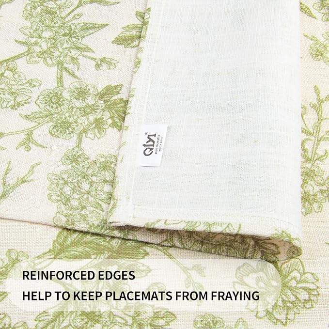 QIYI Boho Table Placemats Set of 4, 12"x18" Linen Place Mats, Green Blooms | Fabric Place Mats for Kitchen Dinning, Farmhouse Rustic Cloth Table Mats, Washable Placemat Party Table Décor
