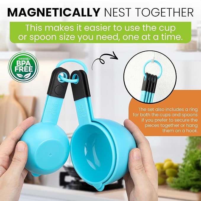 Spring Chef Magnetic Measuring Cups and Spoons Set of 9 - Aqua Sky | for Dry & Liquid Ingredients - Food Safe & BPA Free - Nesting Design - Dishwasher Safe