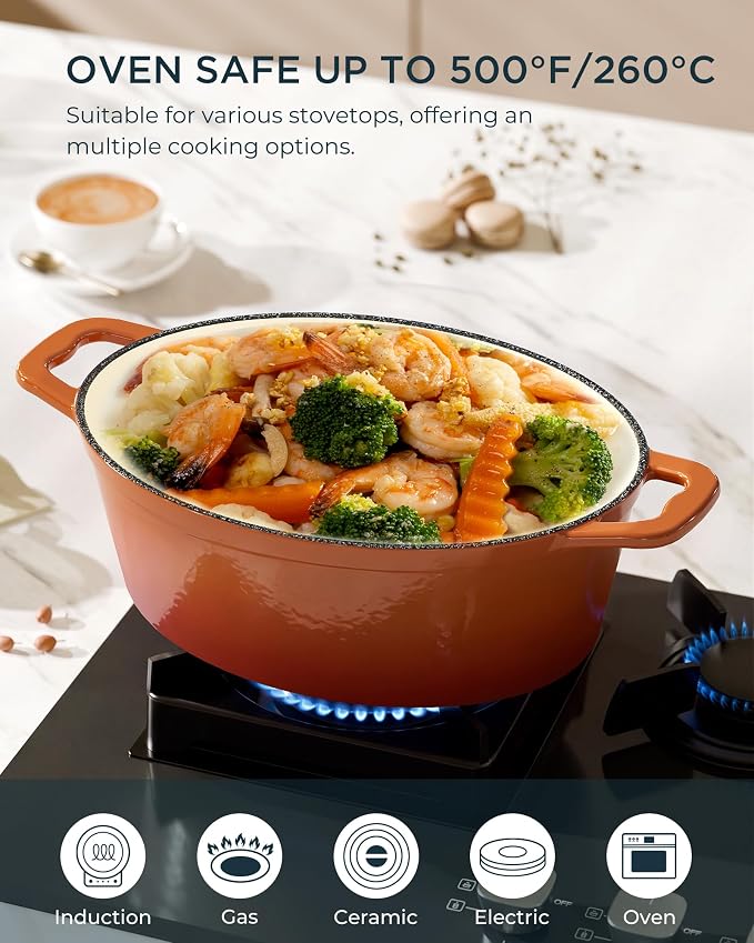 Enameled Cast Iron Dutch Oven - 9.3QT Dutch Oven Pot with Lid & Cotton Potholders - Heavy-Duty Non Stick Casserole Pot for Braising, Stews, Roasting, Baking, Suitable for All Stovetops, Vibrant Orange