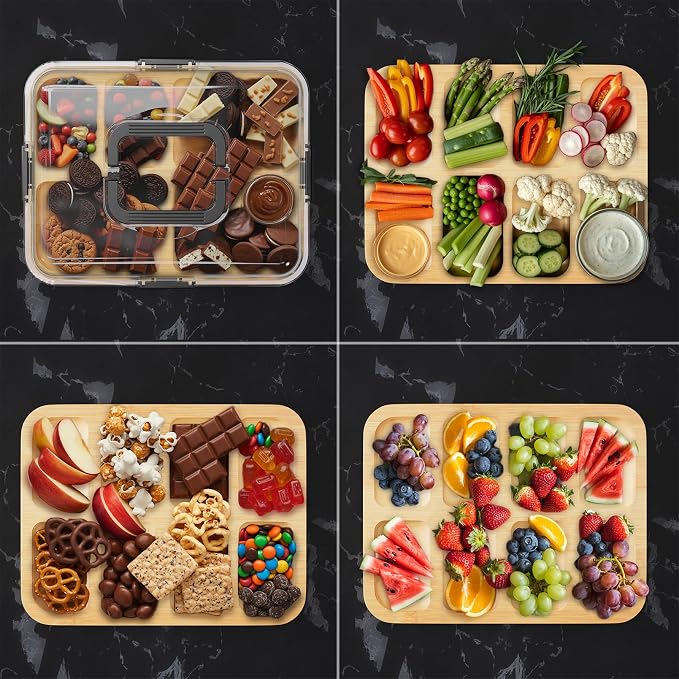 SpaceAid Charcuterie Board with Clear Lid, Portable Travel Cheese Cutting Boards for Picnic Accessories, Bamboo Serving Tray with Lids, House Warming Gifts, Black Handles, 8 Compartments