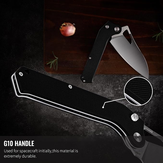 Folding Kitchen Chef Knife, 4.4" Foldable Camping Knife with 10cr15mov Stainless Steel Blade, Anti-skidding and Ergonomic Designed G10 Handle for both Indoor and Outdoor Cooking