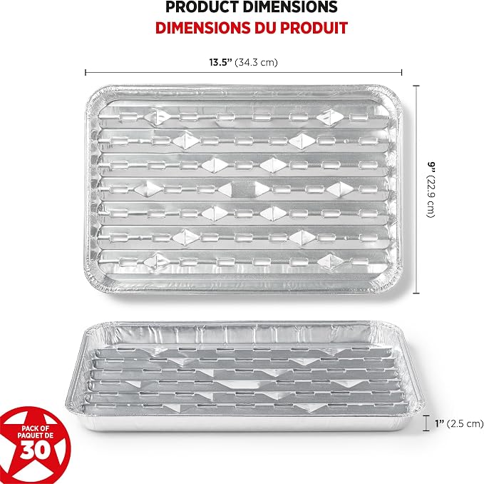 Starfrit Aluminum Grilling Trays, 30-Pack, 13.5 x 9 in, Disposable | Heavy-duty aluminum. Ideal for BBQ. Prevents food loss. Disposable. Recyclable. Made in Canada.