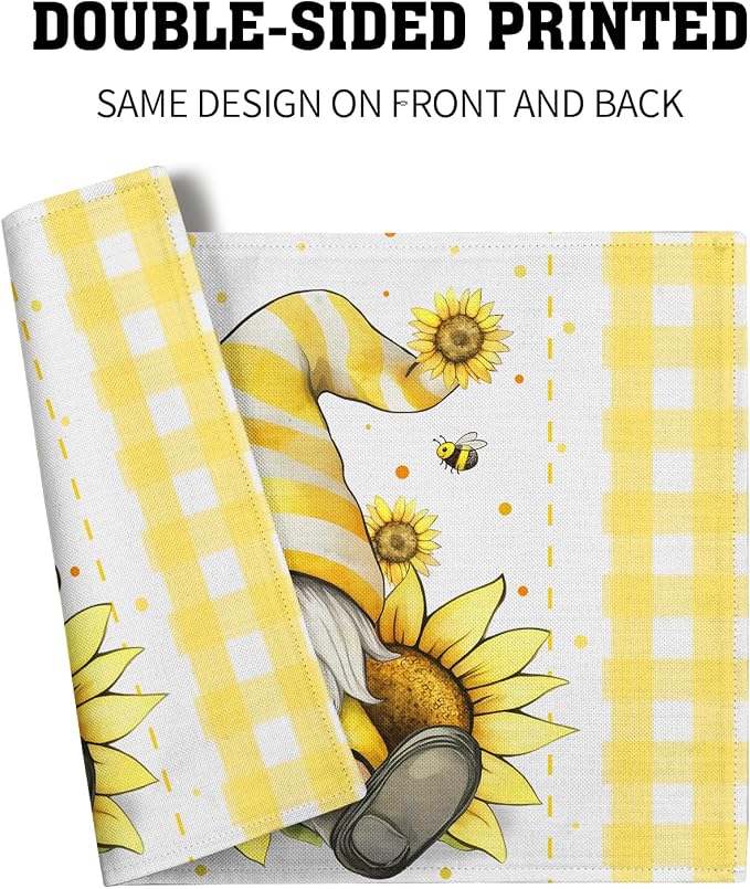 Summer Gnome Sunflowers Placemats Set of 4, Honey Butterfly Yellow White Buffalo Check Plaid Dining Table Place Mats 12 x 18 Inch Summer Seasonal Farmhouse Kitchen Home Decor