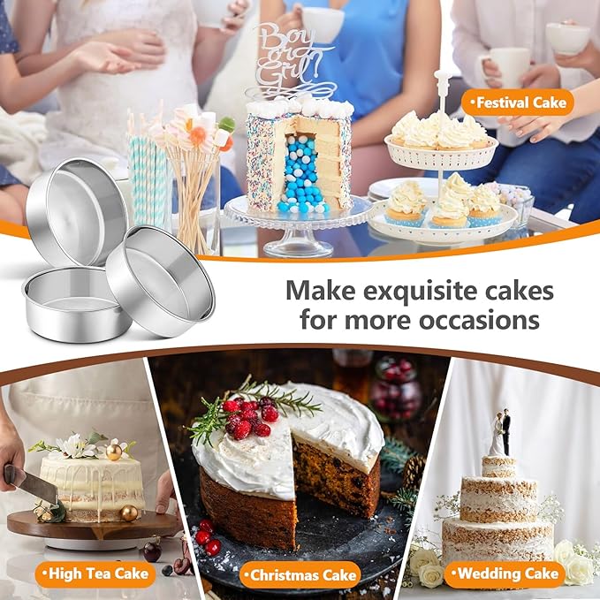 P&P CHEF 6 Inch Round Cake Pan Set of 3, Stainless Steel Baking Cake Pans | Round Baking Cake Pan Bakeware for Layer Birthday Cake, Fit Oven/Pots/Pressure Cooker, Leakproof & Dishwasher Safe, Silver