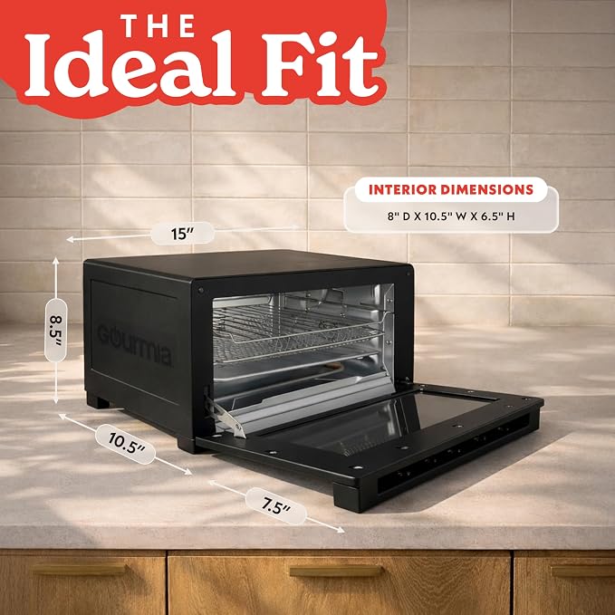 Gourmia Toaster Oven Air Fryer - 4 Slice Capacity, Single Door, Digital Display, Air Fry, Toast & Dehydrate, Convection Cooking, Fits 8” Pizza, 3 Rack Positions, Dishwasher-Safe Trays, Black