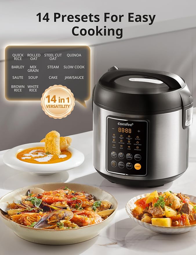 COMFEE' 14-in-1 Rice Cooker, Stainless Steel, 10-Cups Uncooked Rice