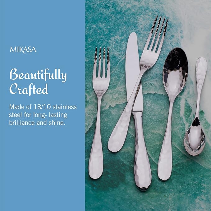 Mikasa Lilah 18/10 Stainless Steel Flatware Set, 45-Piece Silverware Set for 8 with Serving Utensils, Hammered Design, Dishwasher Safe
