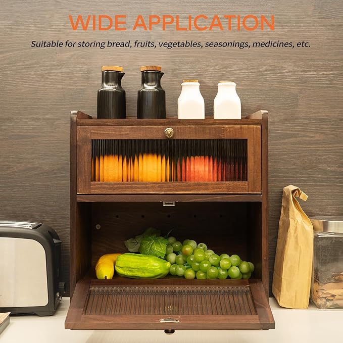 Wood Bread Box for Kitchen Countertop with Cutlery Drawer, Walnut | Solid Pine Wood, 2-Tier Large Capacity, Included 50 Deli Papers, Vintage Farmhouse Breadbox, Wooden Bread Storage Container