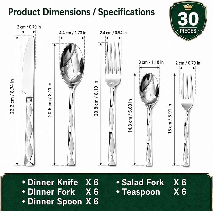 30-Piece Silverware Set for 6, Premium Stainless Steel Flatware Cutlery Set with 3D Diamond Faceted Handles, Mirror Polished & Dishwasher Safe, Modern Kitchen Utensils Set