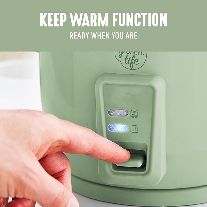 GreenLife Rice Cooker, 3-Cups Uncooked/6-Cups Cooked, Sage Green | PFAS-Free Ceramic Nonstick Removable Pot, One-Switch Design, Grains Multicooker, Keep Warm, Dishwasher Safe Parts, Easy Clean