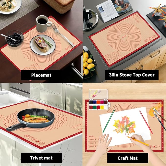 Extra Large Silicone Pastry Mat for Counter Rolling Dough,26x16 Inch,0.75mm Thick,Non Slip Silicone Baking Mat with Measurement(26 x 16 In,Red)